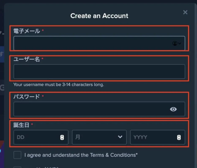 ステークカジノの登録画面