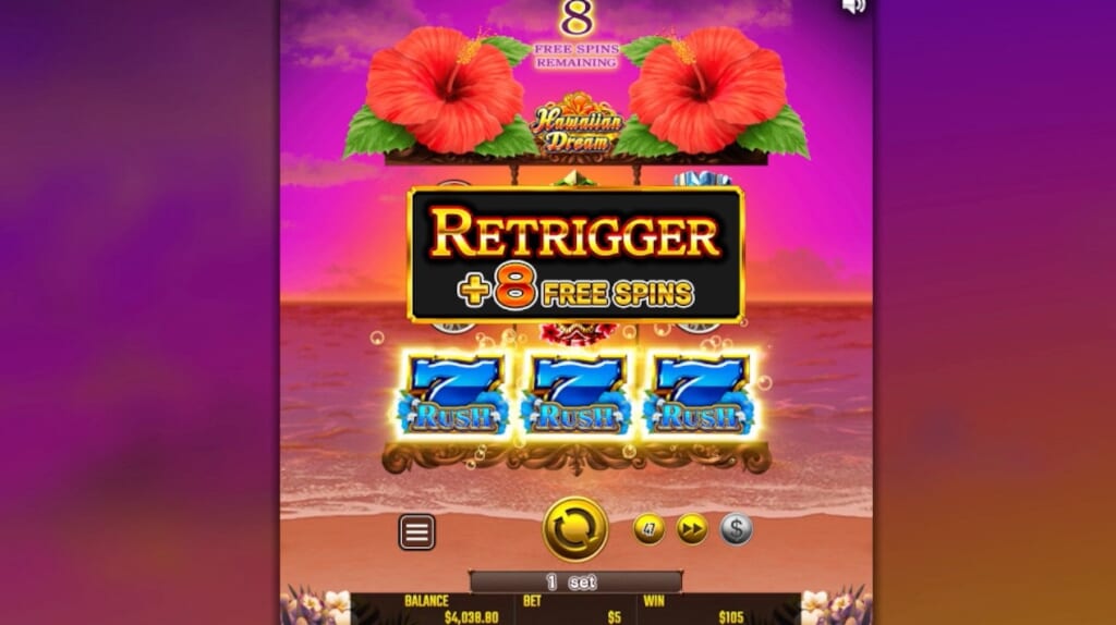このフリースピンでは、初回8回分スピンすることができますが、8ゲーム中にリールの上のハイビスカスが光れば高確率で追加のフリースピンが確定し、より多くの配当を獲得することができます