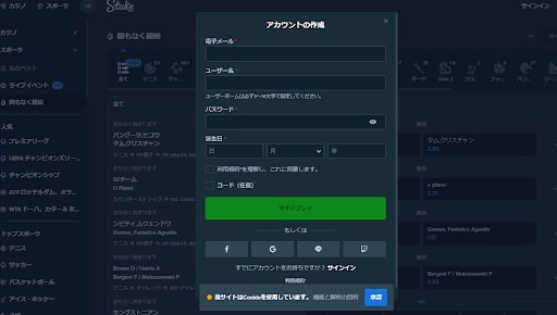 ステークカジノのアカウント登録画面